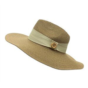 Magid Hats Wide Brim Straw Hat Button Accent Beige Ribbon Summer Sun Protection